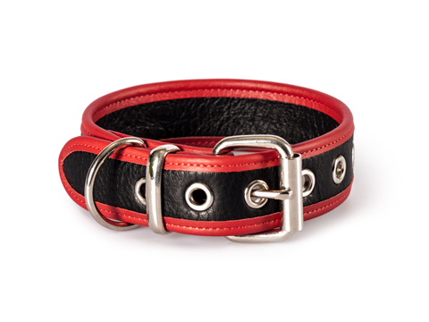 32mm Bondage Collar soft leather with red trim and D~Ring